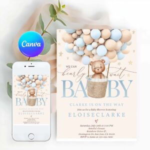 Teddy Bear Invitation, Teddy Bear Hot Air Balloon Baby Shower Invitation