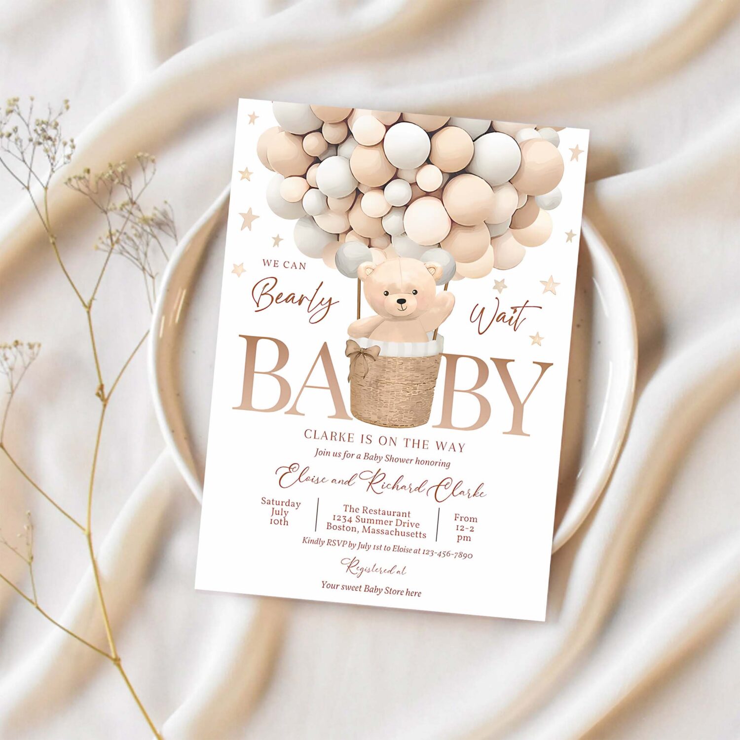 Editable teddy bear hot air balloon baby shower invitation gender neutral teddy bear baby shower we can bearly wait instant download 6h 1