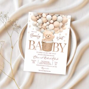 Editable teddy bear hot air balloon baby shower invitation gender neutral teddy bear baby shower we can bearly wait instant download 6h 1