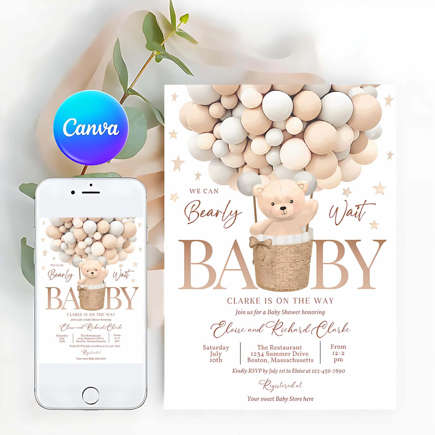 Editable teddy bear hot air balloon baby shower invitation gender neutral teddy bear baby shower we can bearly wait instant download 6h