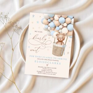 Editable teddy bear hot air balloon baby shower invitations boy blue teddy bear baby shower we can bearly wait shower instant download je 1