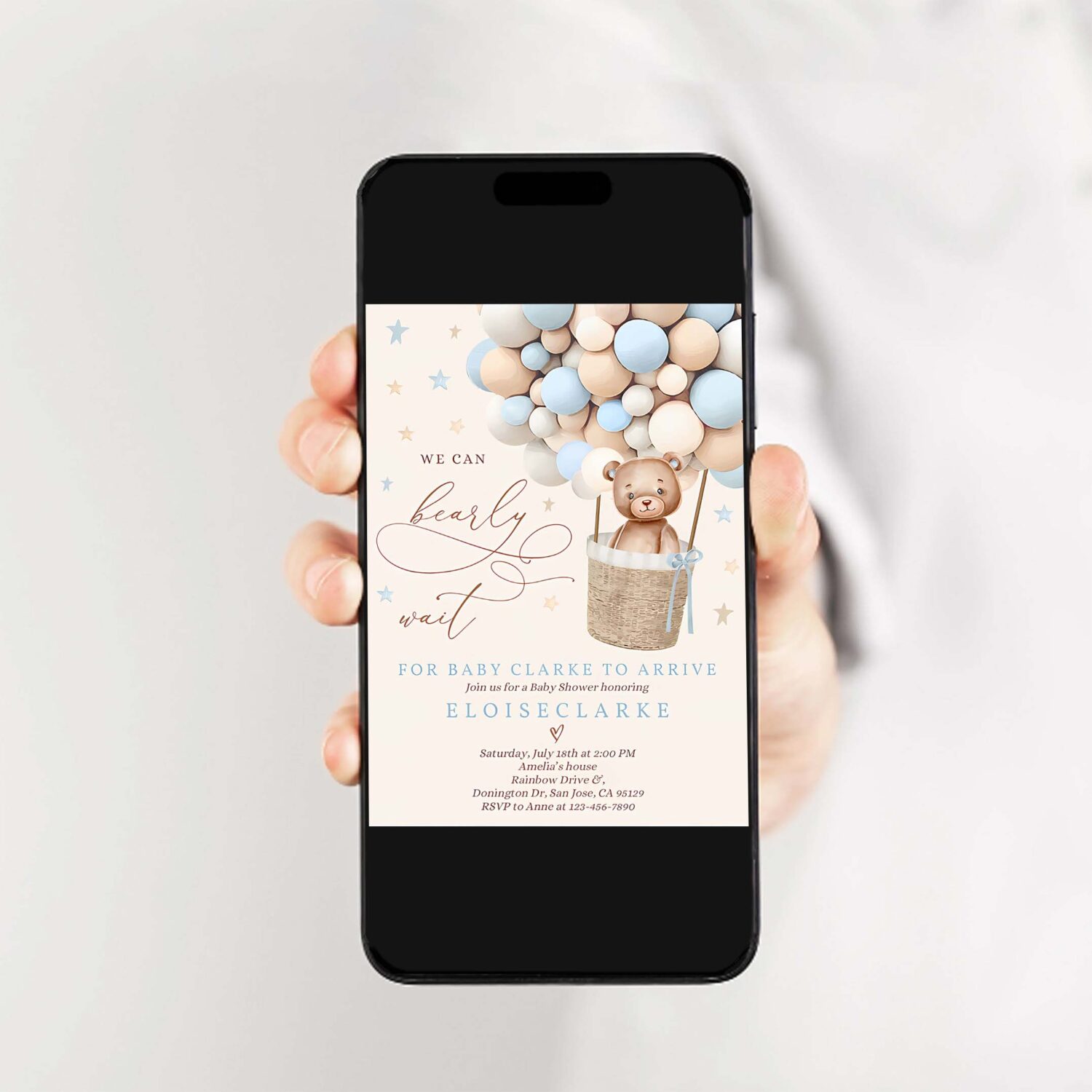 Editable teddy bear hot air balloon baby shower invitations boy blue teddy bear baby shower we can bearly wait shower instant download je 2