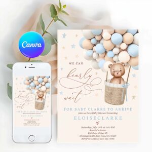 Teddy Bear Invitation, Teddy Bear Hot Air Balloon Baby Shower Invitation, Boy Blue Invitation