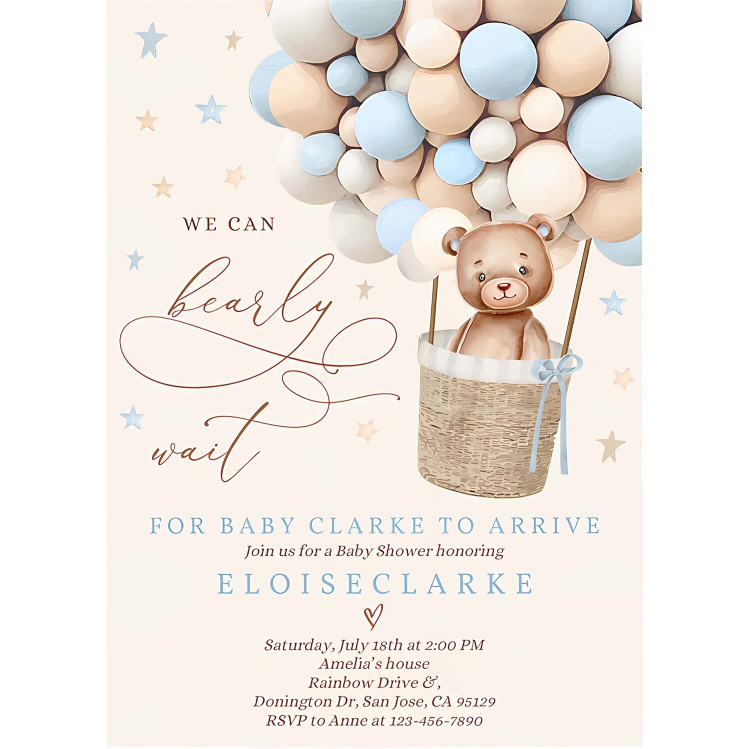 Editable teddy bear hot air balloon baby shower invitations boy blue teddy bear baby shower we can bearly wait shower instant download je 4