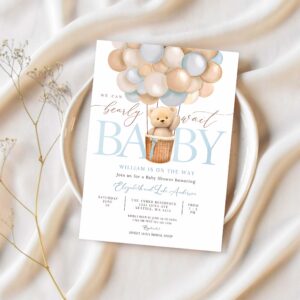 Editable teddy bear hot air balloon bear theme baby shower invitation we can bearly wait invites template 1