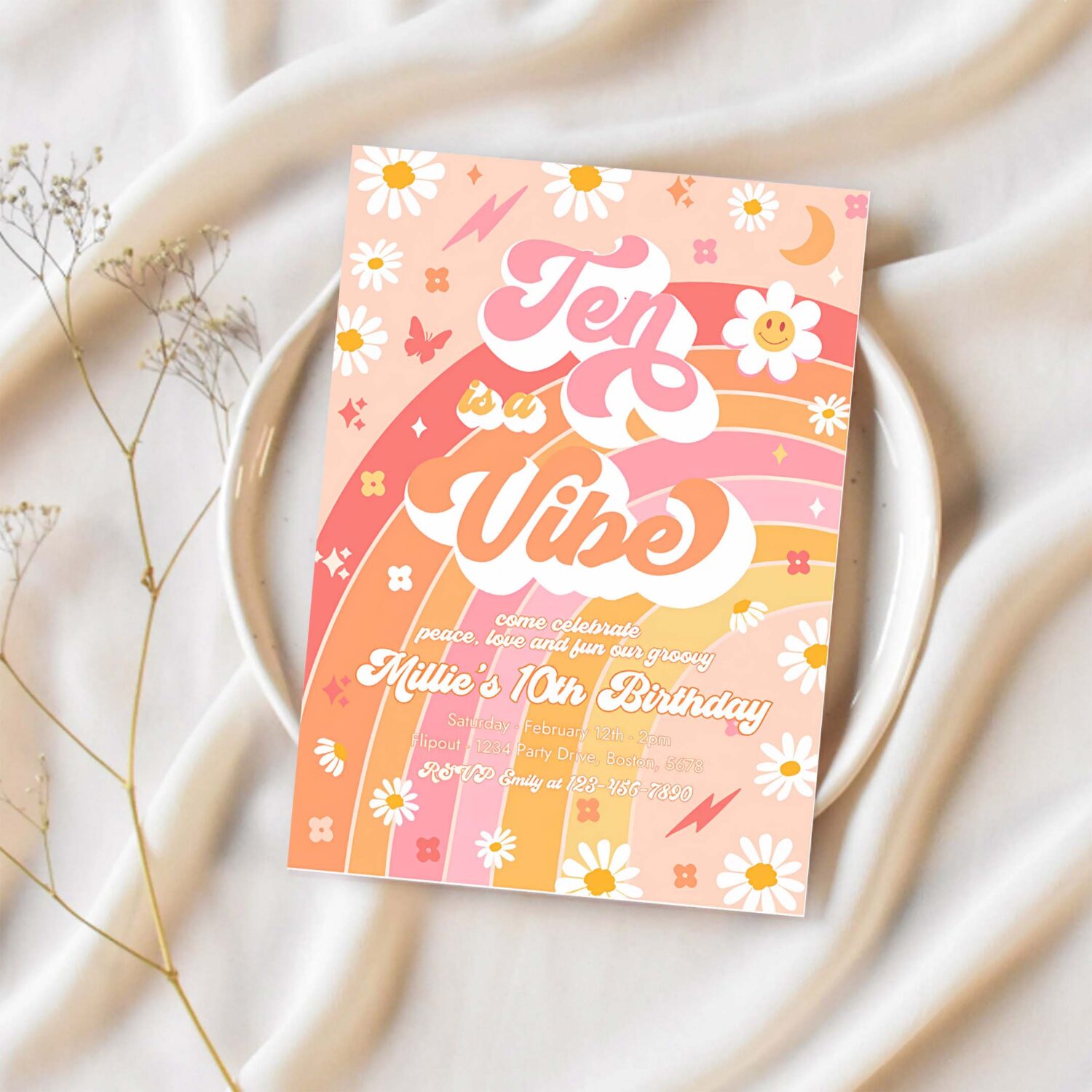 Editable ten is a vibe groovy 10th birthday party invitation peace love groovy rainbow party hippie 70s 10th birthday 1