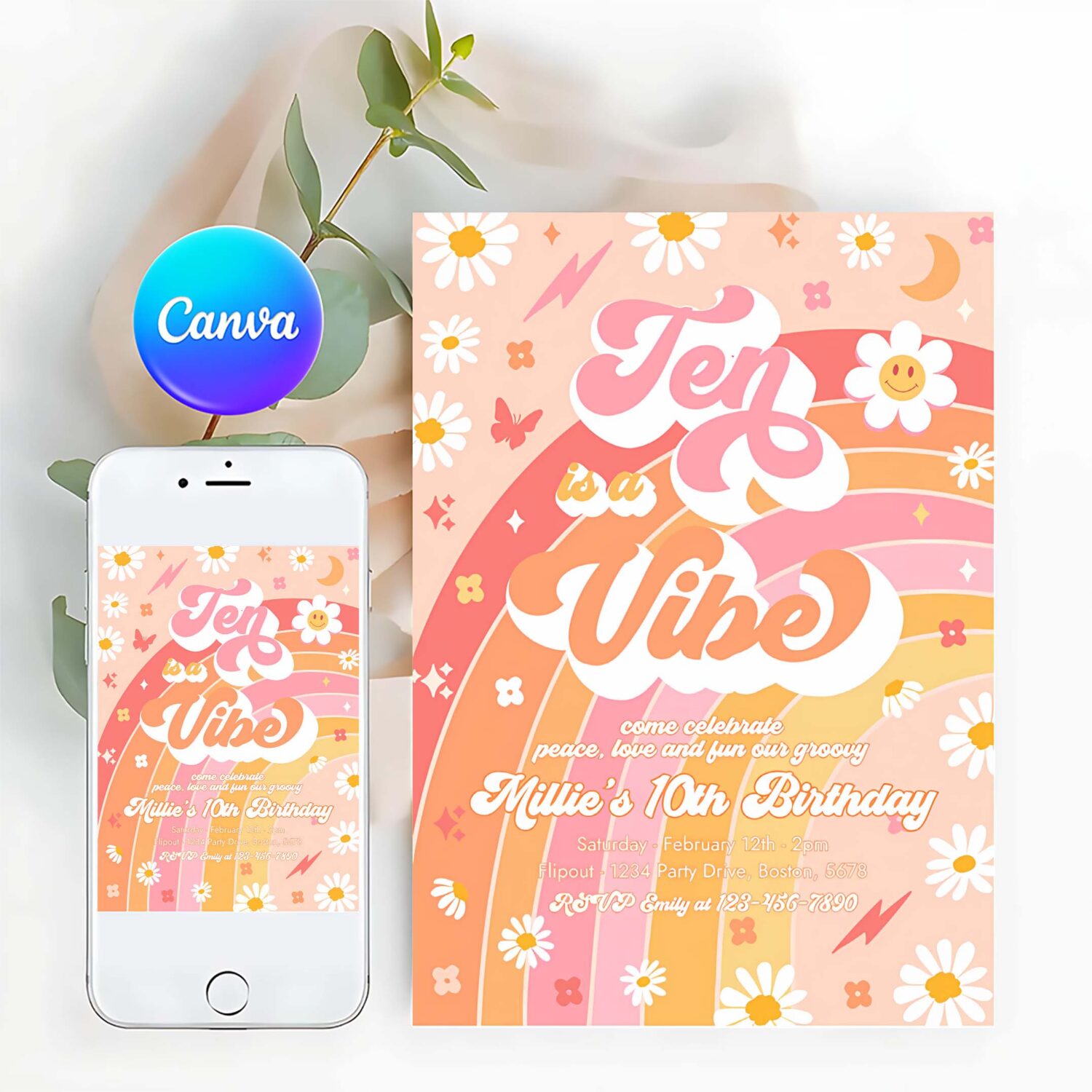 Editable ten is a vibe groovy 10th birthday party invitation peace love groovy rainbow party hippie 70s 10th birthday