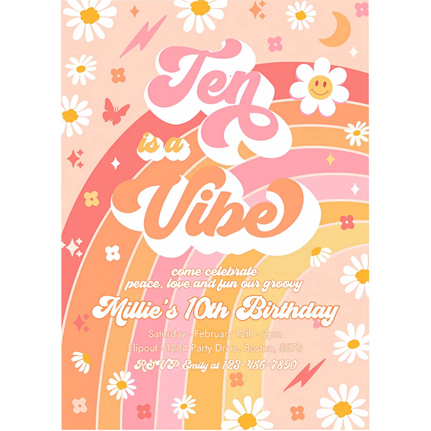 Editable ten is a vibe groovy 10th birthday party invitation peace love groovy rainbow party hippie 70s 10th birthday 4
