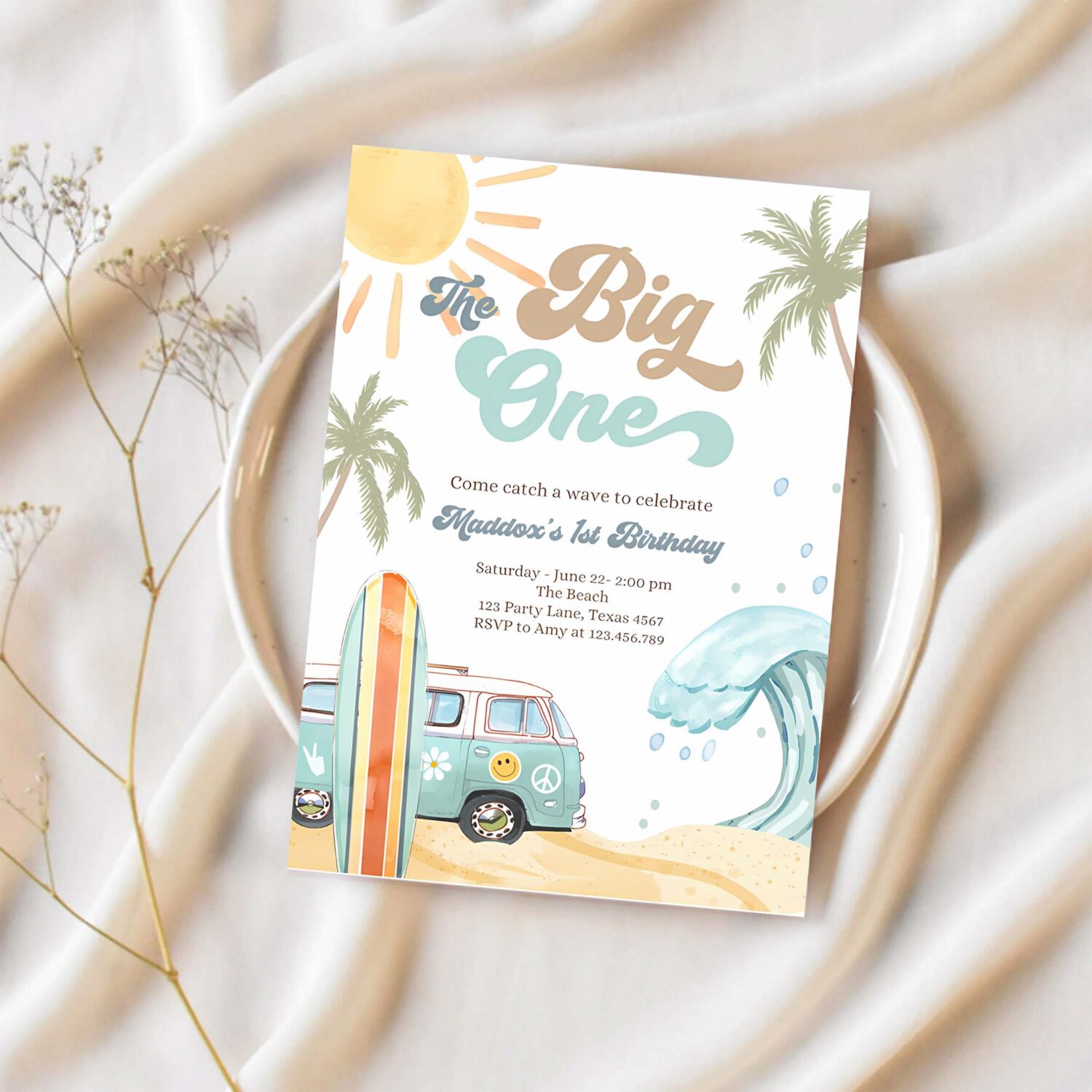 Editable the big one surf 1st birthday invitation retro surfboard beach party wave surfer boho invite download template corjl digital 0433 1