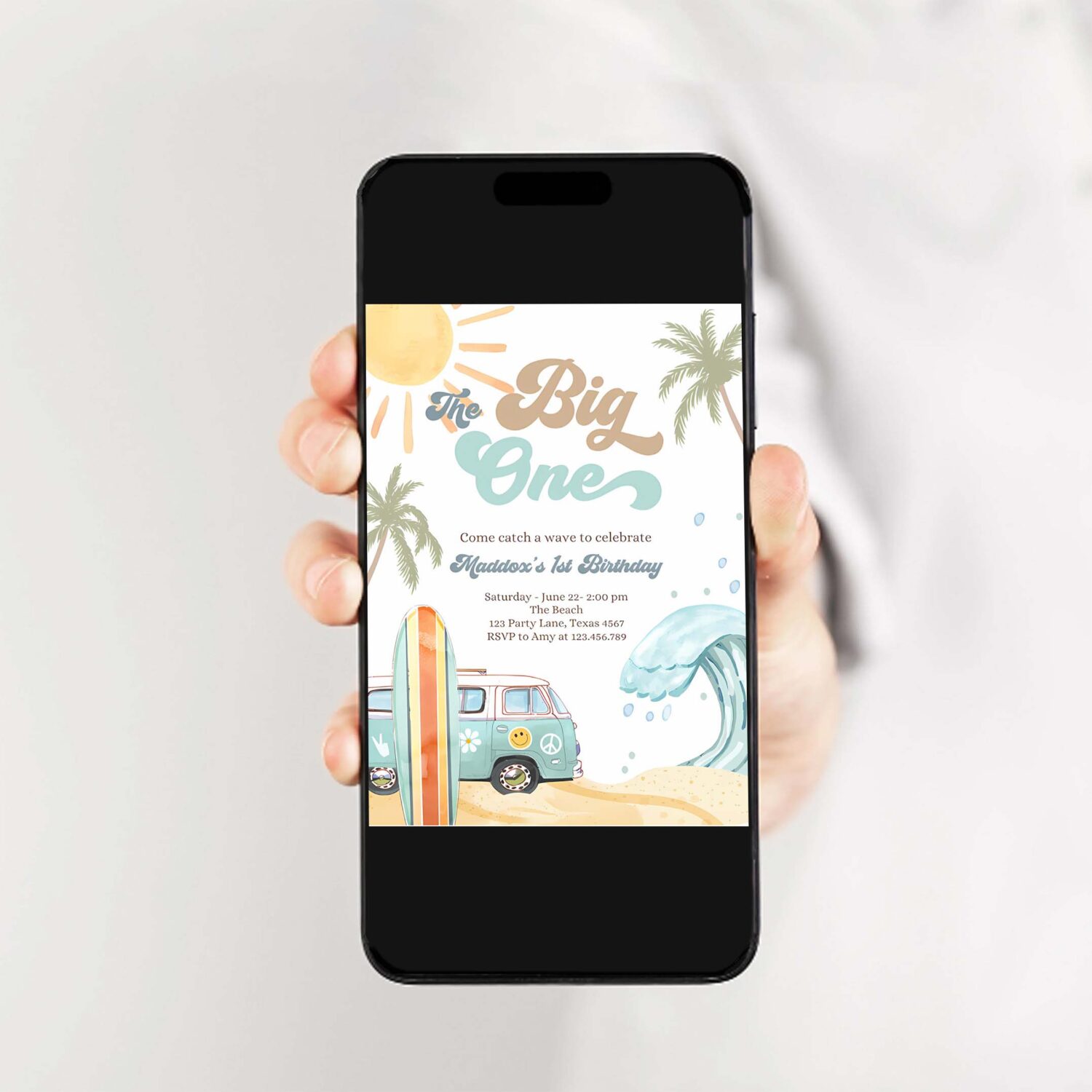 Editable the big one surf 1st birthday invitation retro surfboard beach party wave surfer boho invite download template corjl digital 0433 2