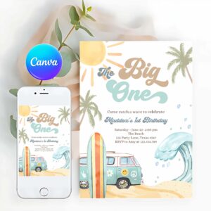 Surfing Invitation, The Big One Surf 1st Birthday, Birthday Invitation