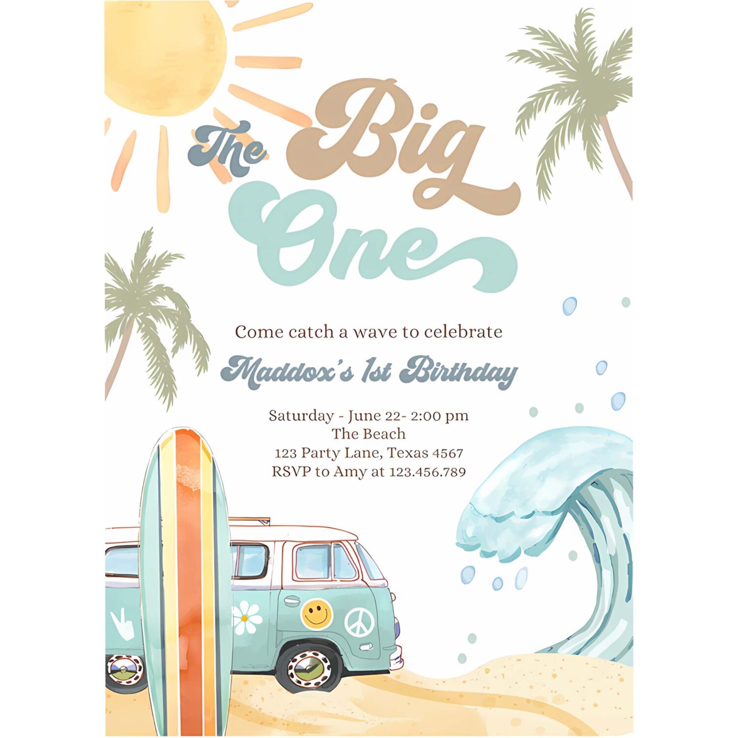 Editable the big one surf 1st birthday invitation retro surfboard beach party wave surfer boho invite download template corjl digital 0433 4