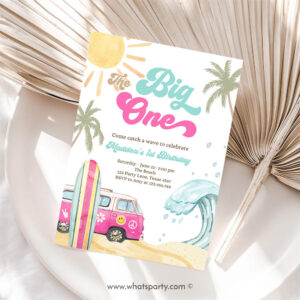 Surfing Invitation, The Big One Surf 1st Birthday, Birthday Party Invitation Girl Retro Surfboard Invitation
