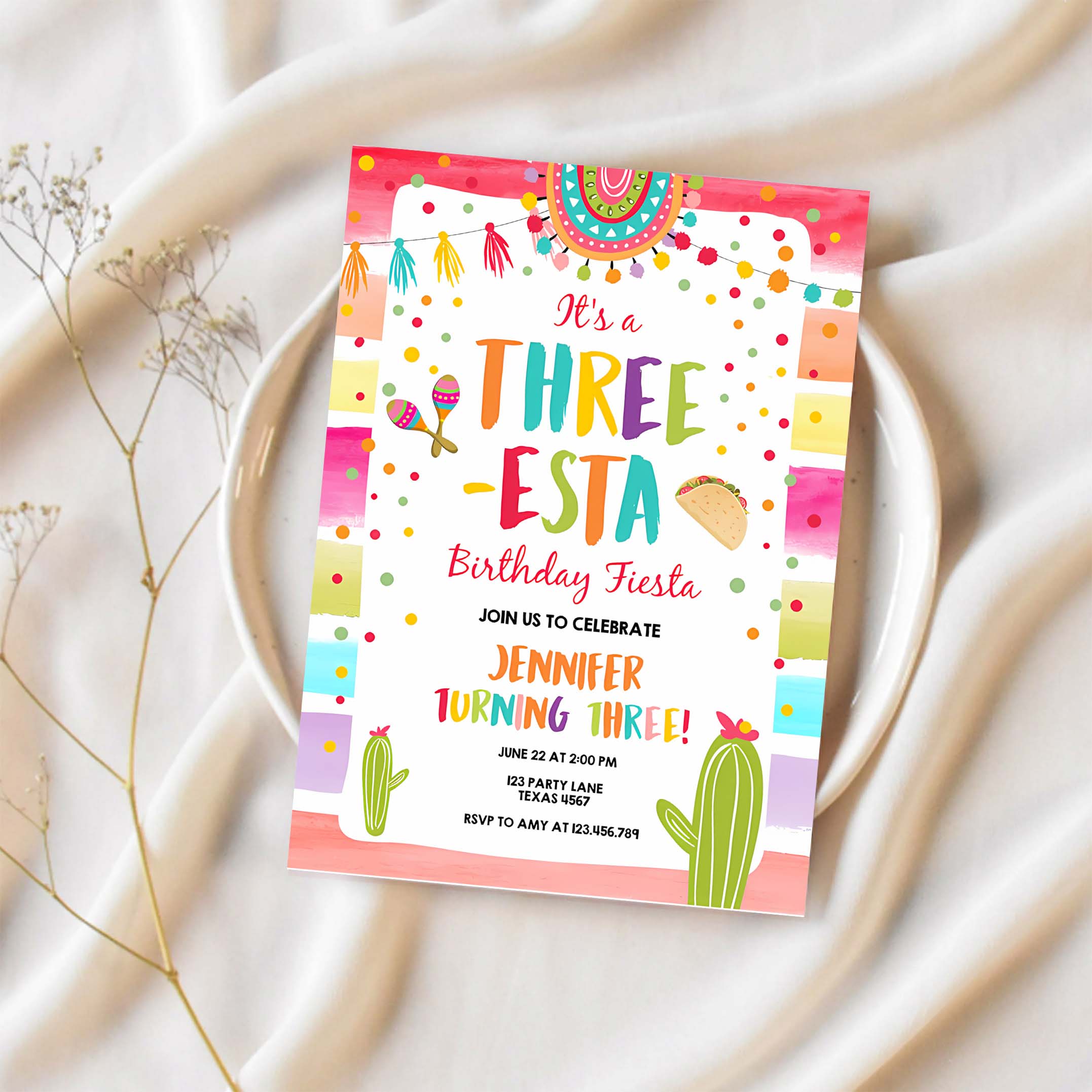 Editable Three Esta Fiesta Birthday Invitation Third Birthday 3rd Cactus Mexican Boy Girl Cactus Download Corjl Template Printable 0134