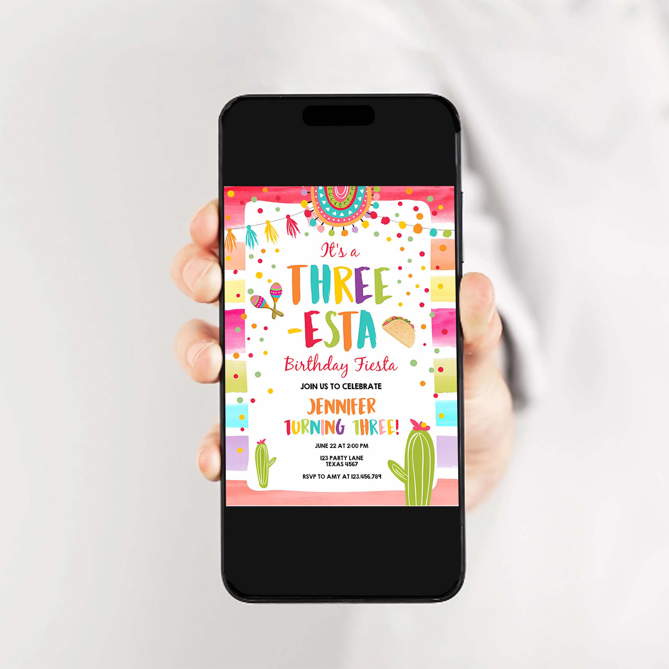 Editable Three Esta Fiesta Birthday Invitation Third Birthday 3rd Cactus Mexican Boy Girl Cactus Download Corjl Template Printable 0134