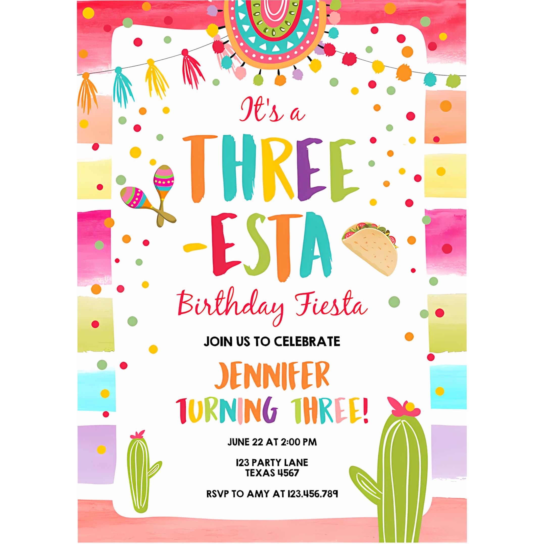 Editable Three Esta Fiesta Birthday Invitation Third Birthday 3rd Cactus Mexican Boy Girl Cactus Download Corjl Template Printable 0134