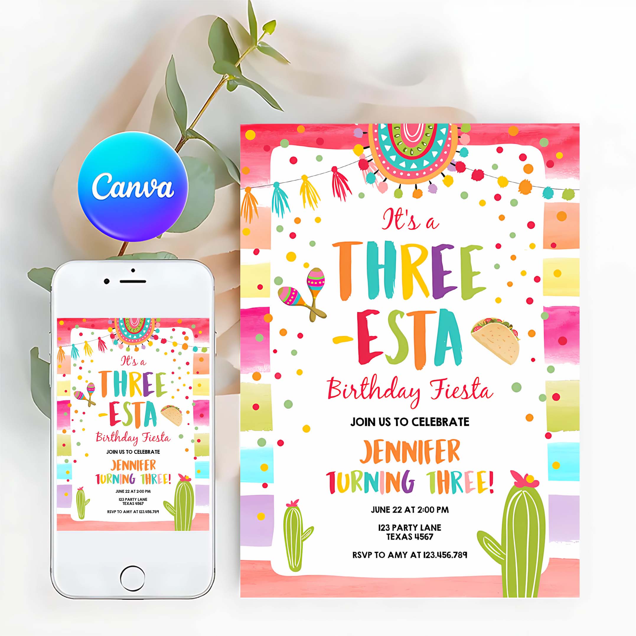 Editable Three Esta Fiesta Birthday Invitation Third Birthday 3rd Cactus Mexican Boy Girl Cactus Download Corjl Template Printable