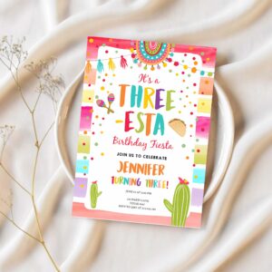 Editable three esta fiesta birthday invitation third birthday 3rd cactus mexican boy girl cactus party invitation 1