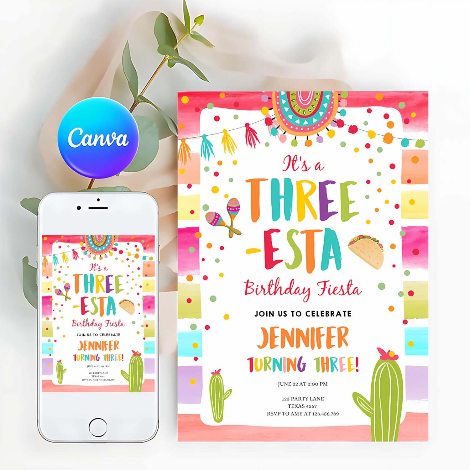 Editable three esta fiesta birthday invitation third birthday 3rd cactus mexican boy girl cactus party invitation