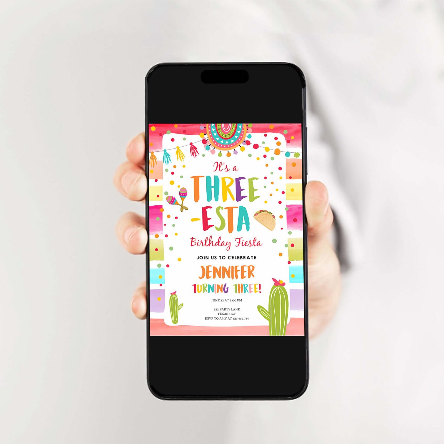 Editable three esta fiesta birthday invitation third birthday 3rd cactus mexican boy girl cactus party invitation 2