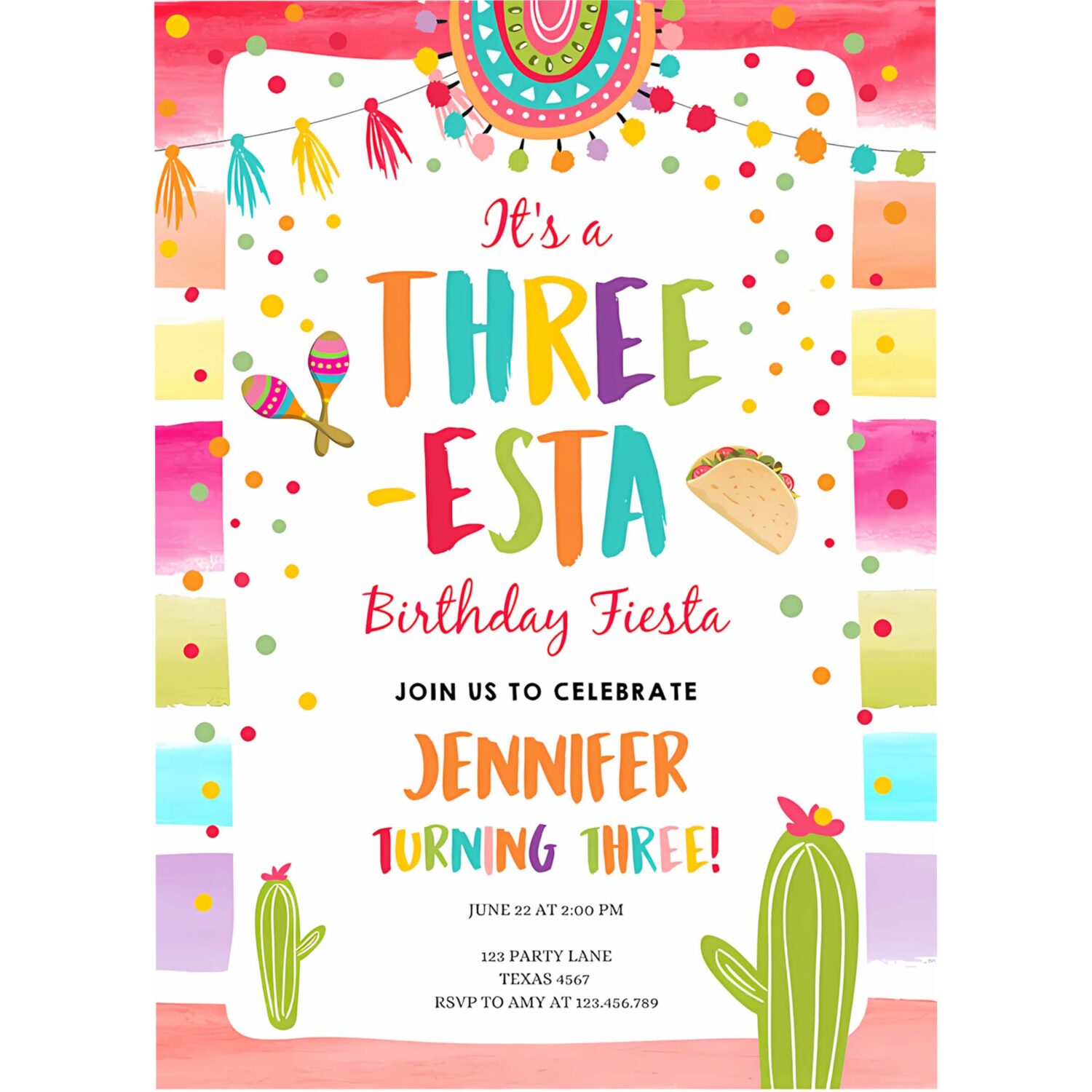 Editable three esta fiesta birthday invitation third birthday 3rd cactus mexican boy girl cactus party invitation 4