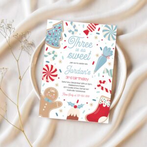 Editable three is so sweet christmas cookie 3rd birthday party invitation holiday cookie gingerbread 3rd birthday party instant download swj 1