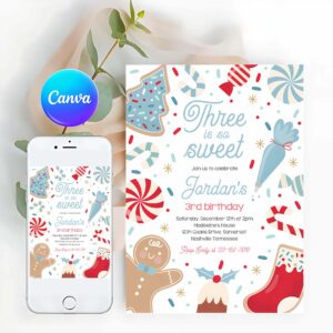 Cookie Party Invitation, Three Is So Sweet Christmas Cookie 3rd Birthday Party Invitation Holiday Cookie Gingerbread 3rd Birthday Party