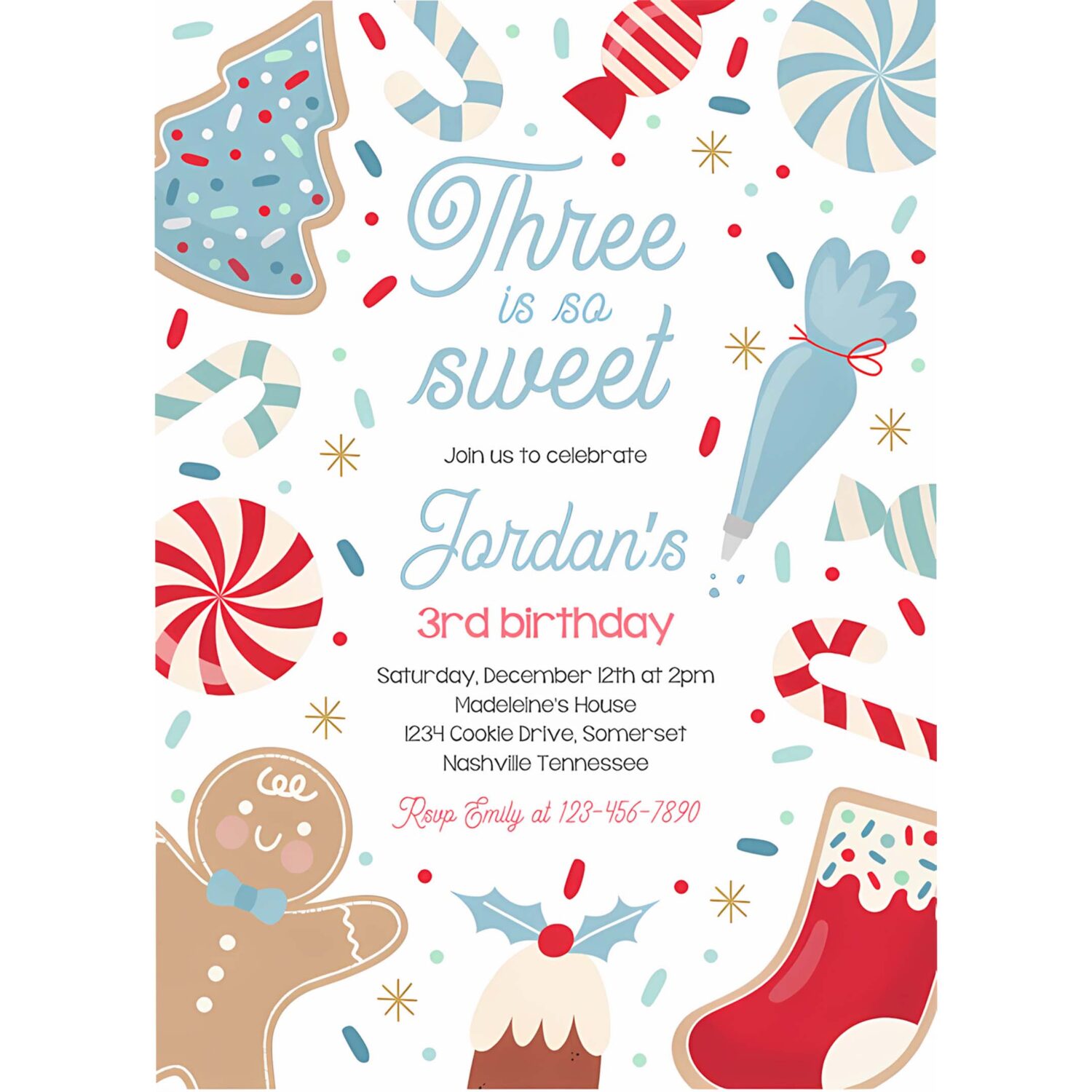 Editable three is so sweet christmas cookie 3rd birthday party invitation holiday cookie gingerbread 3rd birthday party instant download swj 4