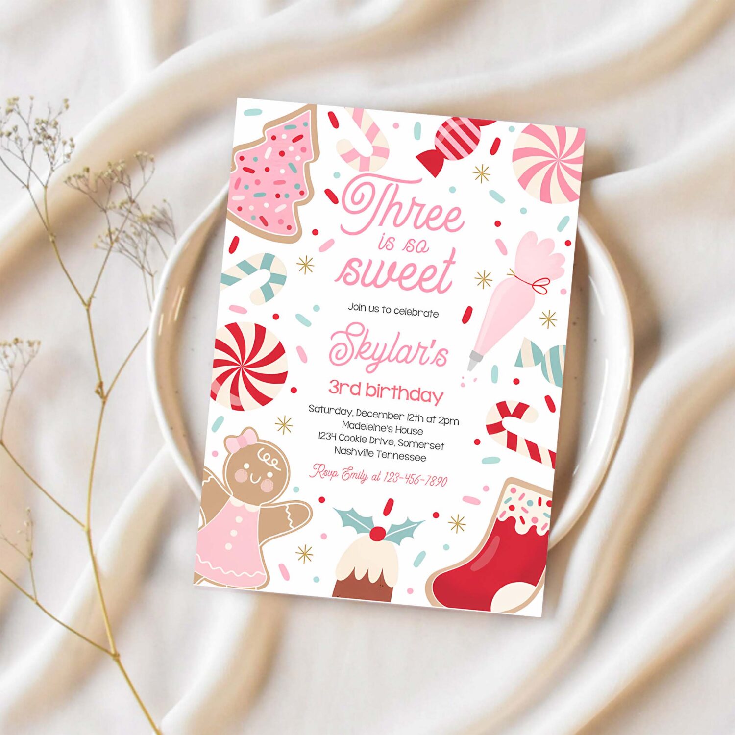 Editable three is so sweet christmas cookie 3rd birthday party invitation holiday cookie gingerbread 3rd birthday party instant download swu 1