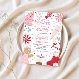 Editable three is so sweet christmas cookie 3rd birthday party invitation holiday cookie gingerbread 3rd birthday party instant download swu 1