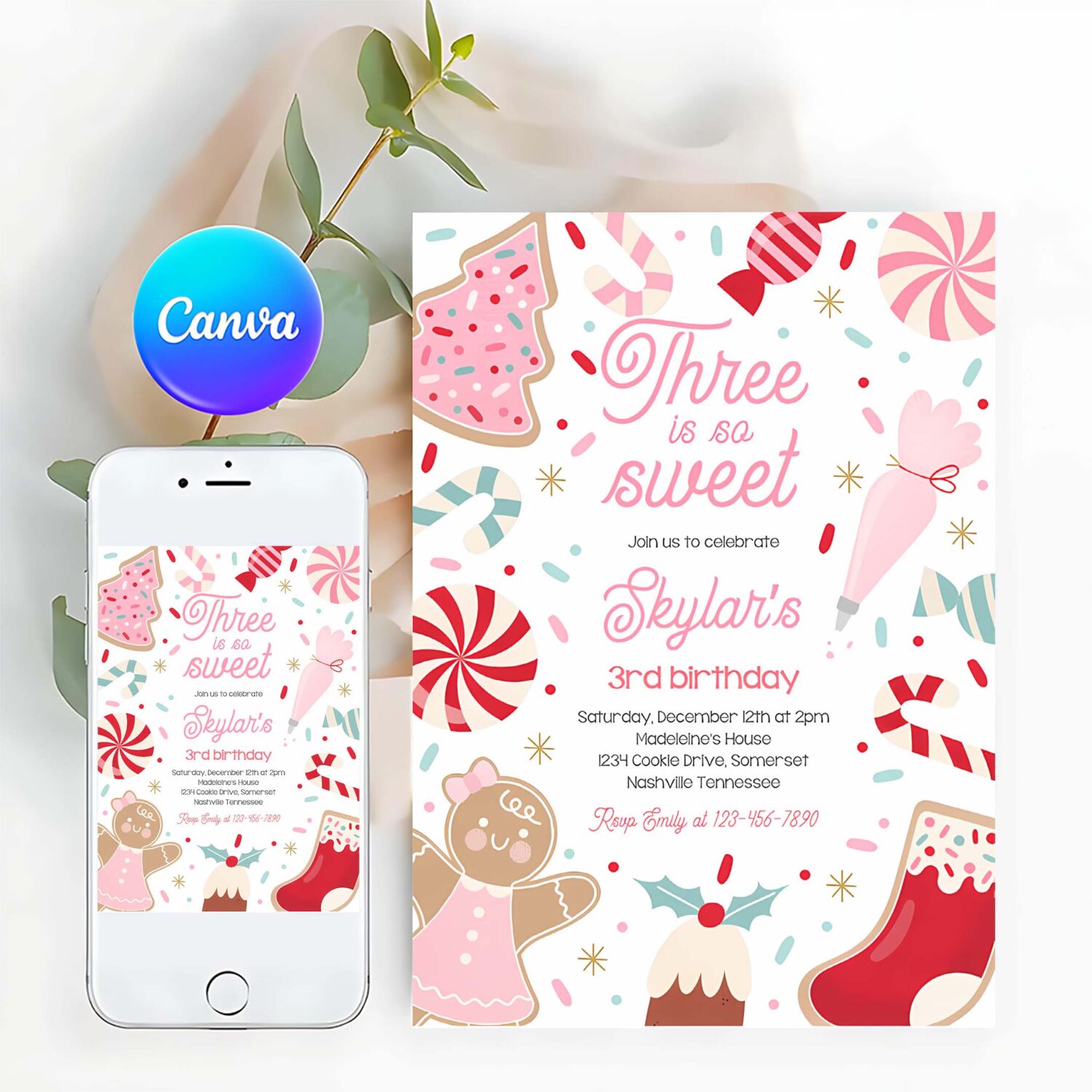 Editable three is so sweet christmas cookie 3rd birthday party invitation holiday cookie gingerbread 3rd birthday party instant download swu