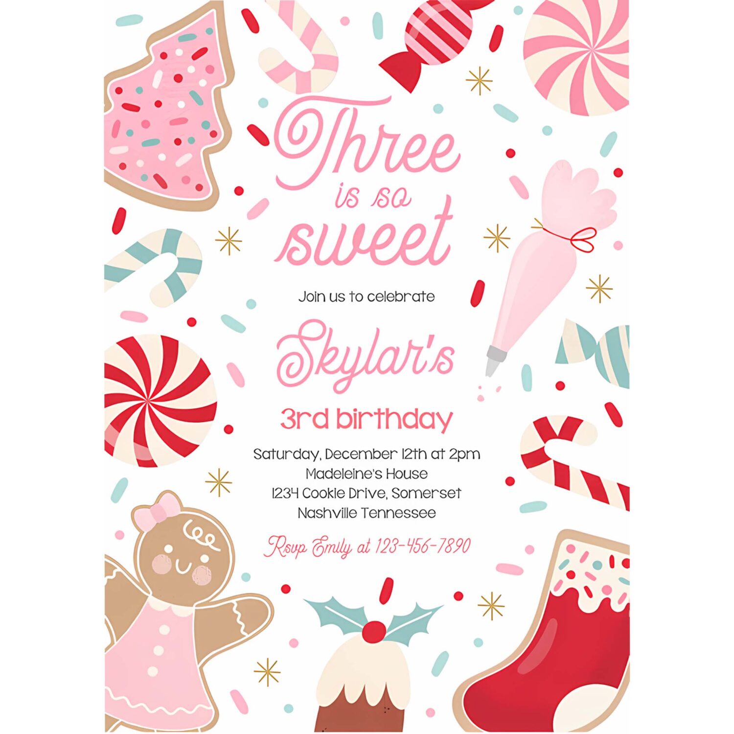 Editable three is so sweet christmas cookie 3rd birthday party invitation holiday cookie gingerbread 3rd birthday party instant download swu 4