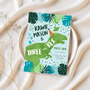 Editable three rex dinosaur birthday invitation dino t rex third birthday 3rd rawr boy green blue prehistoric printable corjl template 0389 1