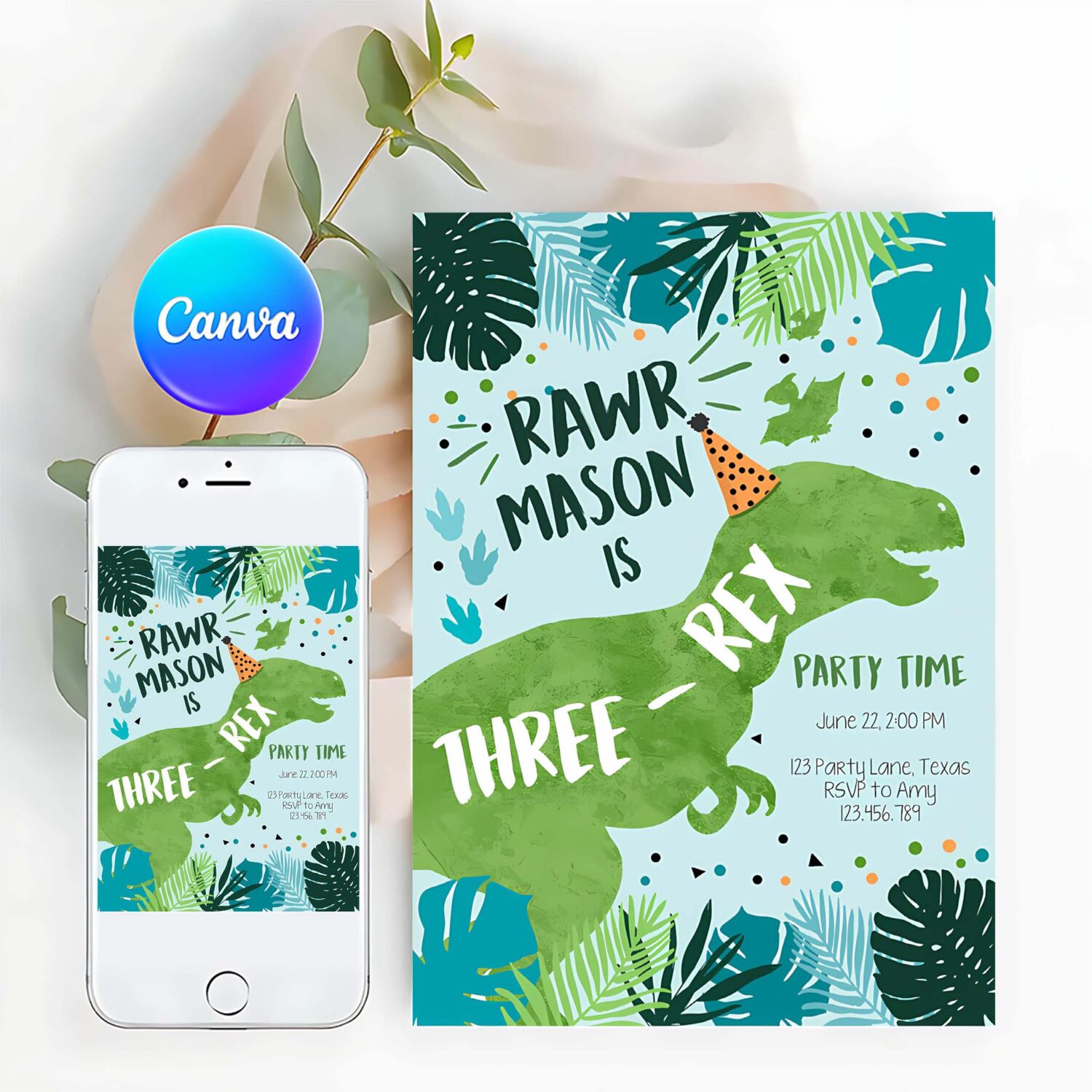 Editable three rex dinosaur birthday invitation dino t rex third birthday 3rd rawr boy green blue prehistoric printable corjl template 0389