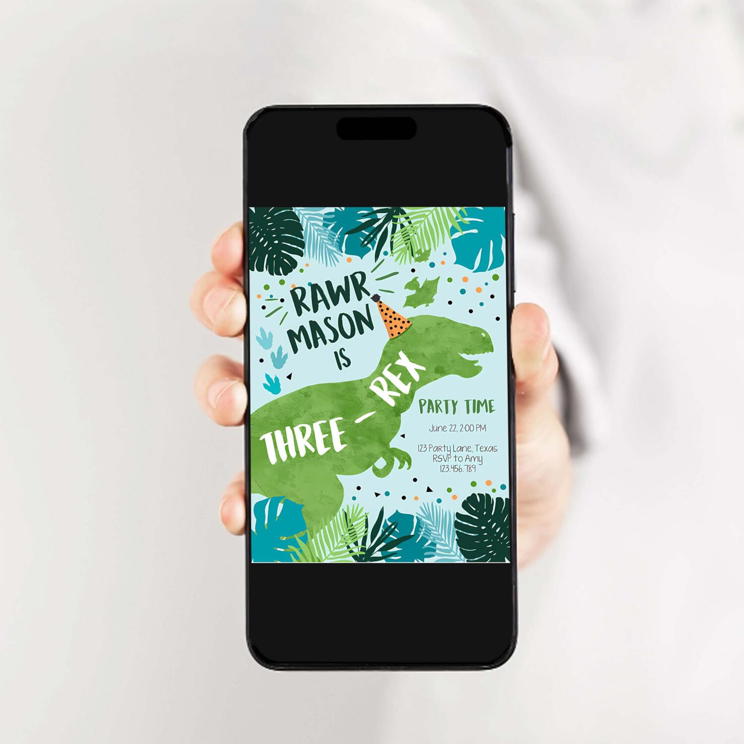 Editable three rex dinosaur birthday invitation dino t rex third birthday 3rd rawr boy green blue prehistoric printable corjl template 0389 2