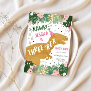 Editable three rex dinosaur birthday invitation third birthday 3rd dino t rex prehistoric rawr girl pink gold printable corjl template 0146 1