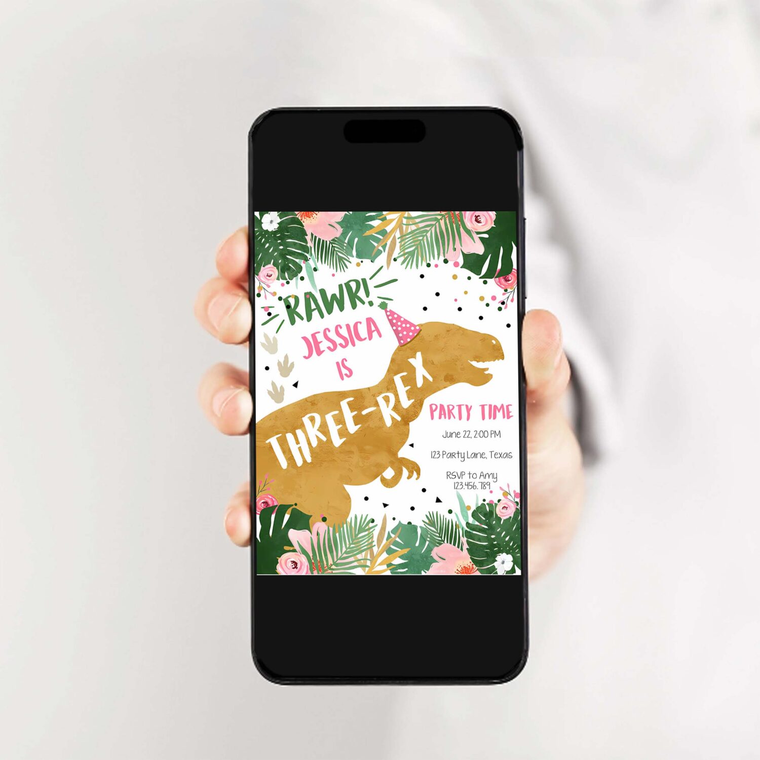 Editable three rex dinosaur birthday invitation third birthday 3rd dino t rex prehistoric rawr girl pink gold printable corjl template 0146 2