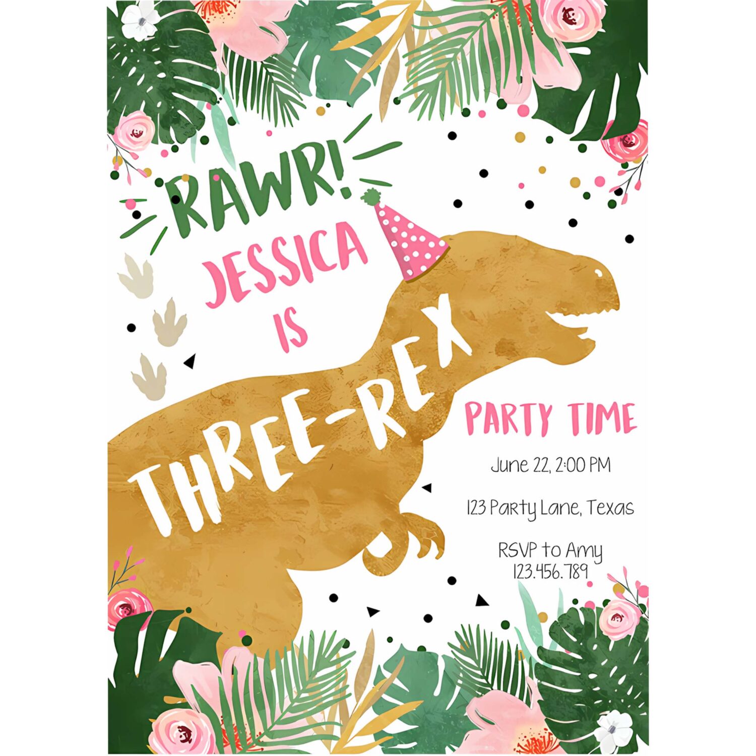 Editable three rex dinosaur birthday invitation third birthday 3rd dino t rex prehistoric rawr girl pink gold printable corjl template 0146 4