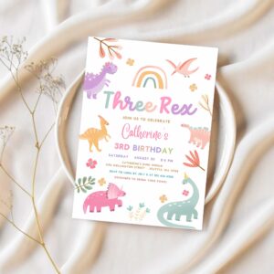 Editable three rex invitation dino birthday invite 3 rex pink lavender purple dino party printable template 1