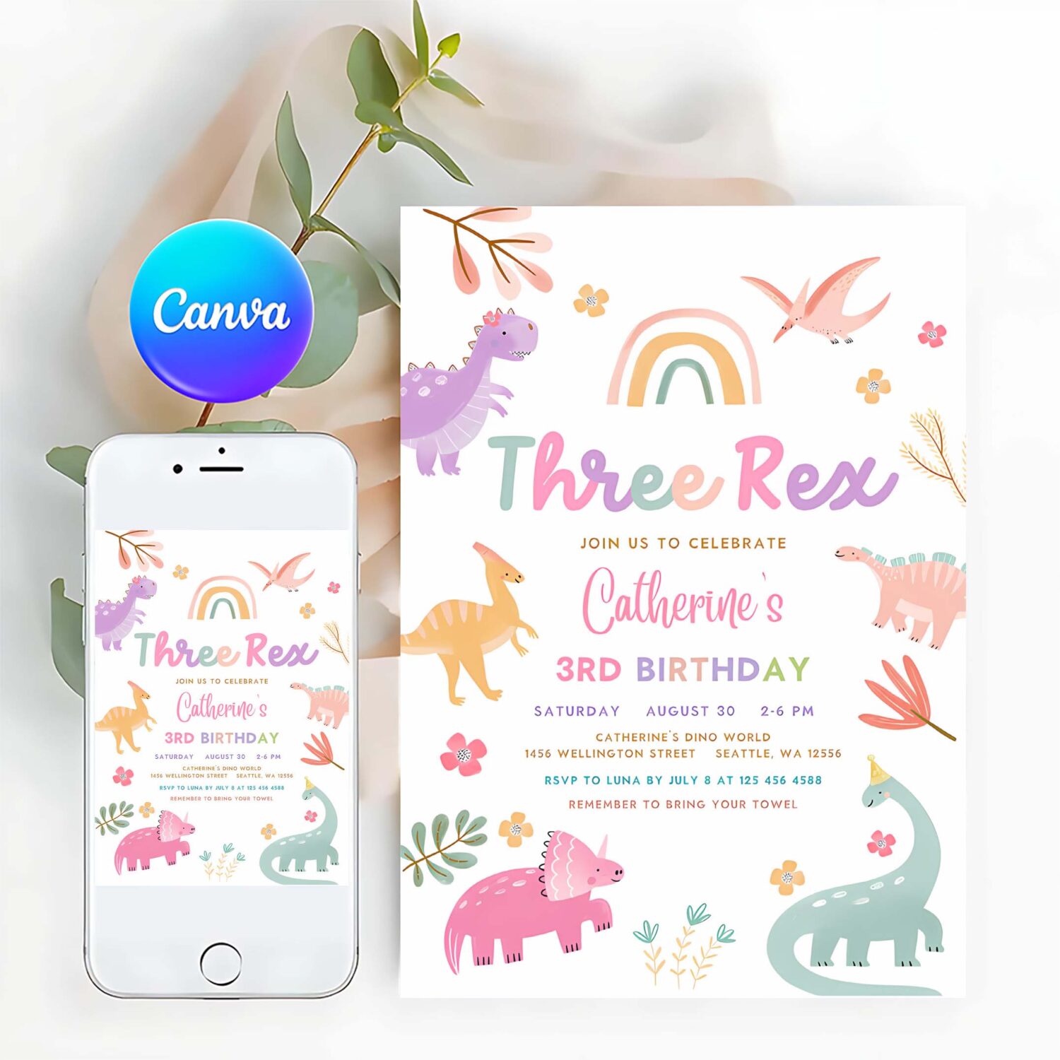 Editable three rex invitation dino birthday invite 3 rex pink lavender purple dino party printable template