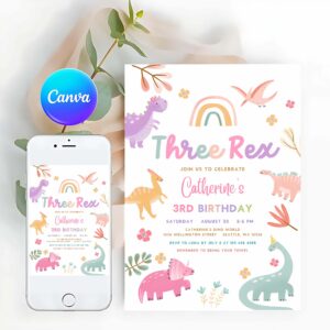 Dino Birthday, Invite, 3 Rex Pink Lavender Purple Dino Party Invitation