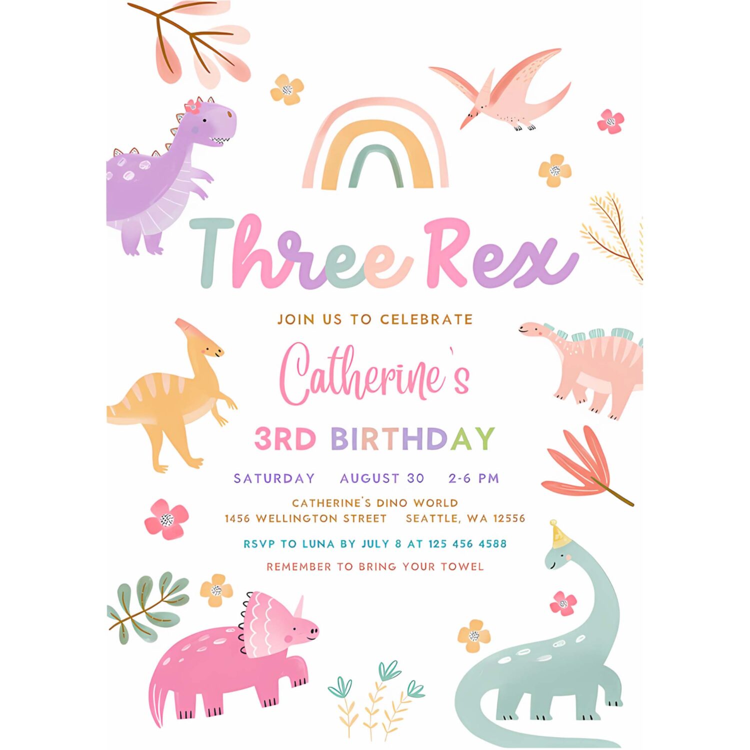 Editable three rex invitation dino birthday invite 3 rex pink lavender purple dino party printable template 4