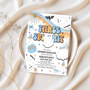 Editable three spirit halloween ghost 3rd birthday invitation retro groovy ghost birthday hippie halloween party instant download vaq 1