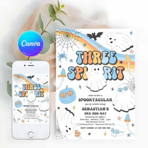 Three Spirit Invitation, Three Spirit Halloween Ghost 3rd Birthday Invitation Retro Groovy Ghost Birthday Hippie Halloween Party