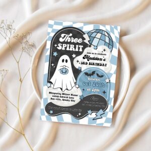 Editable three spirit halloween ghost 3rd birthday invitation retro groovy rainbow ghost birthday hippie halloween instant download tx3 1