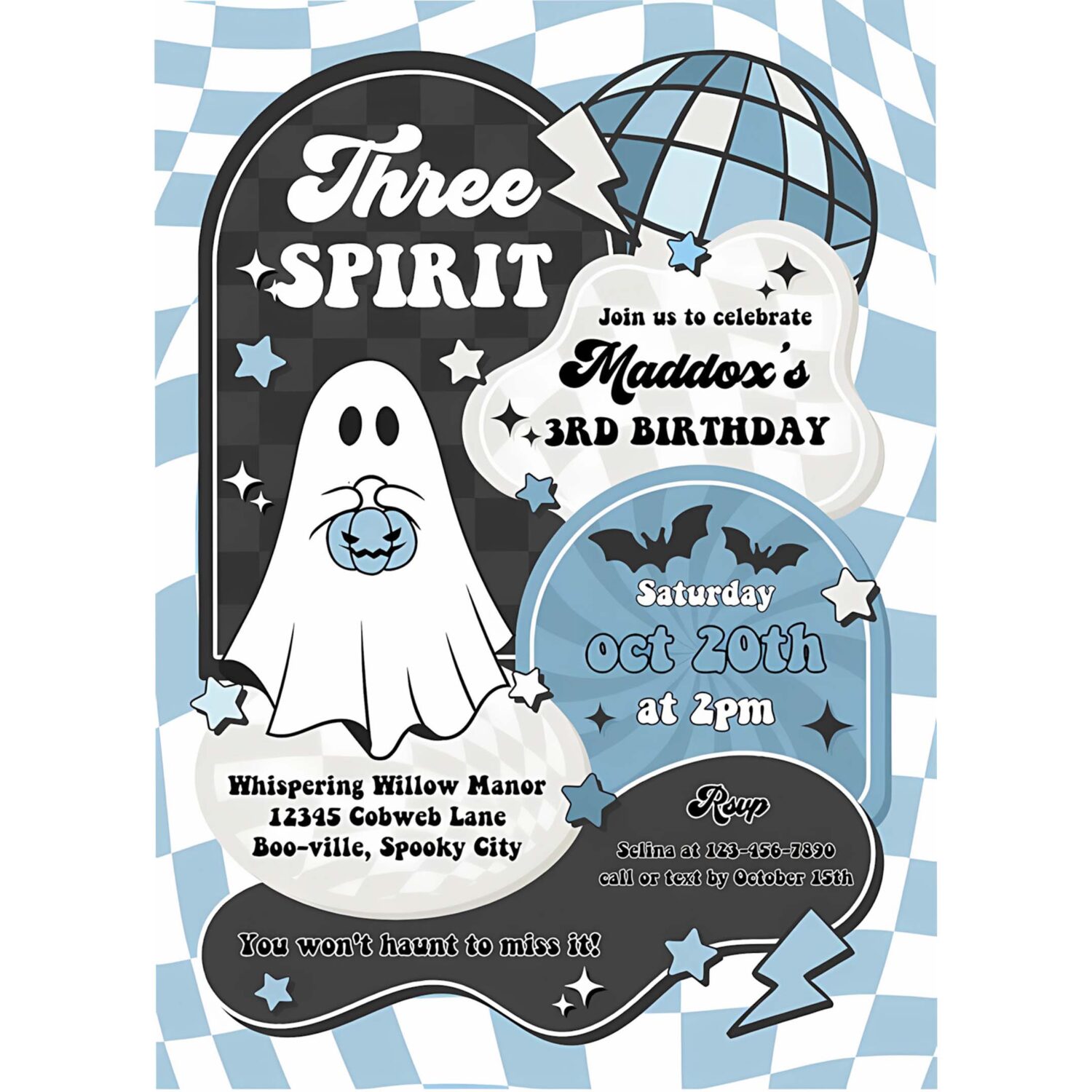 Editable three spirit halloween ghost 3rd birthday invitation retro groovy rainbow ghost birthday hippie halloween instant download tx3 4