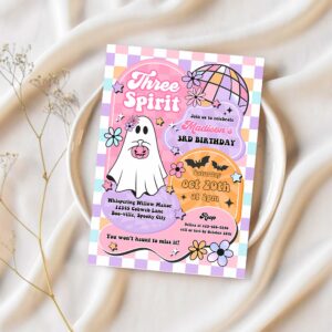 Editable three spirit halloween ghost 3rd birthday invitation retro groovy rainbow ghost birthday hippie halloween instant download tx4 1