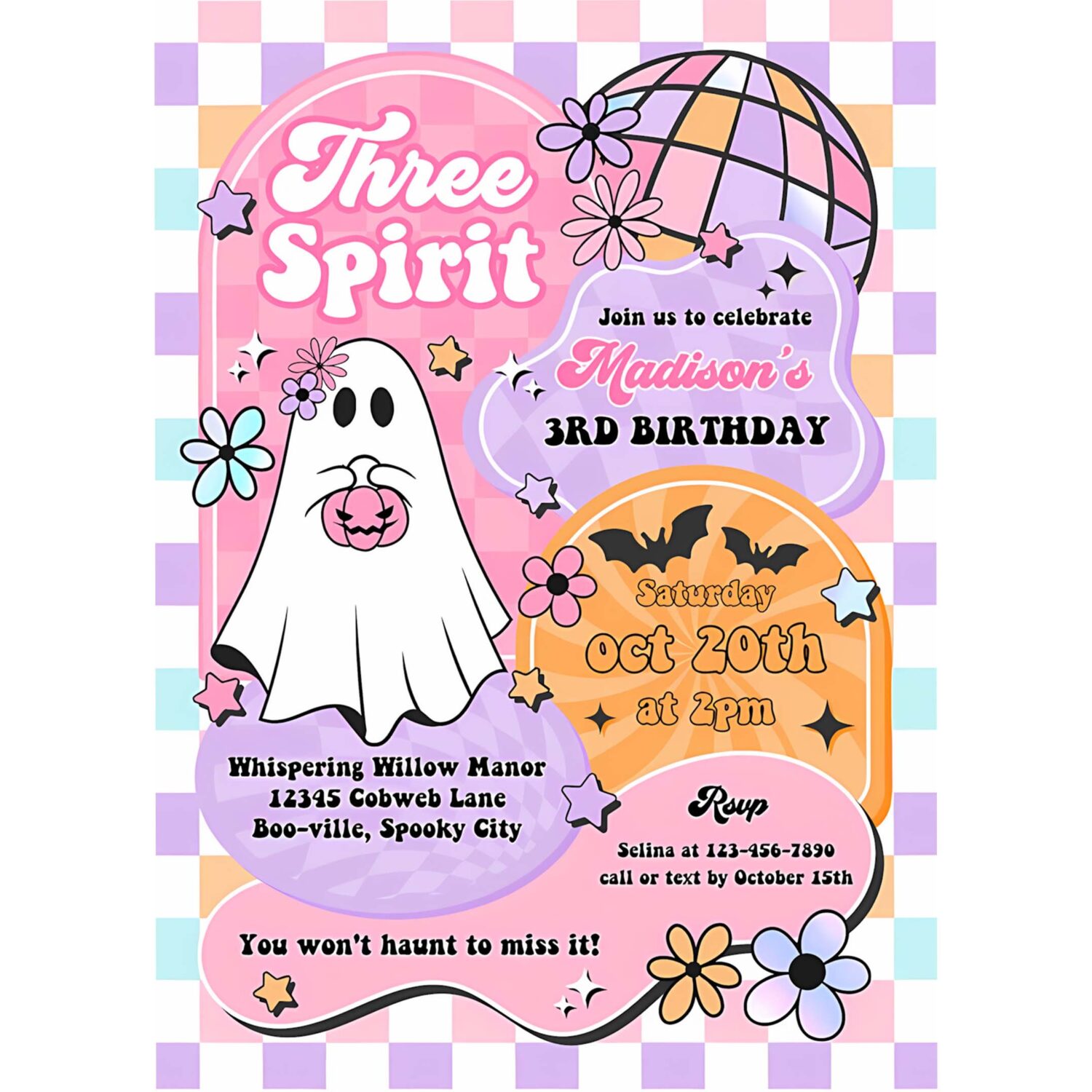 Editable three spirit halloween ghost 3rd birthday invitation retro groovy rainbow ghost birthday hippie halloween instant download tx4 4
