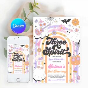 Three Spirit Invitation, Three Spirit Halloween Ghost 3rd Birthday Invitation Retro Groovy Rainbow Ghost Birthday Hippie Halloween Party