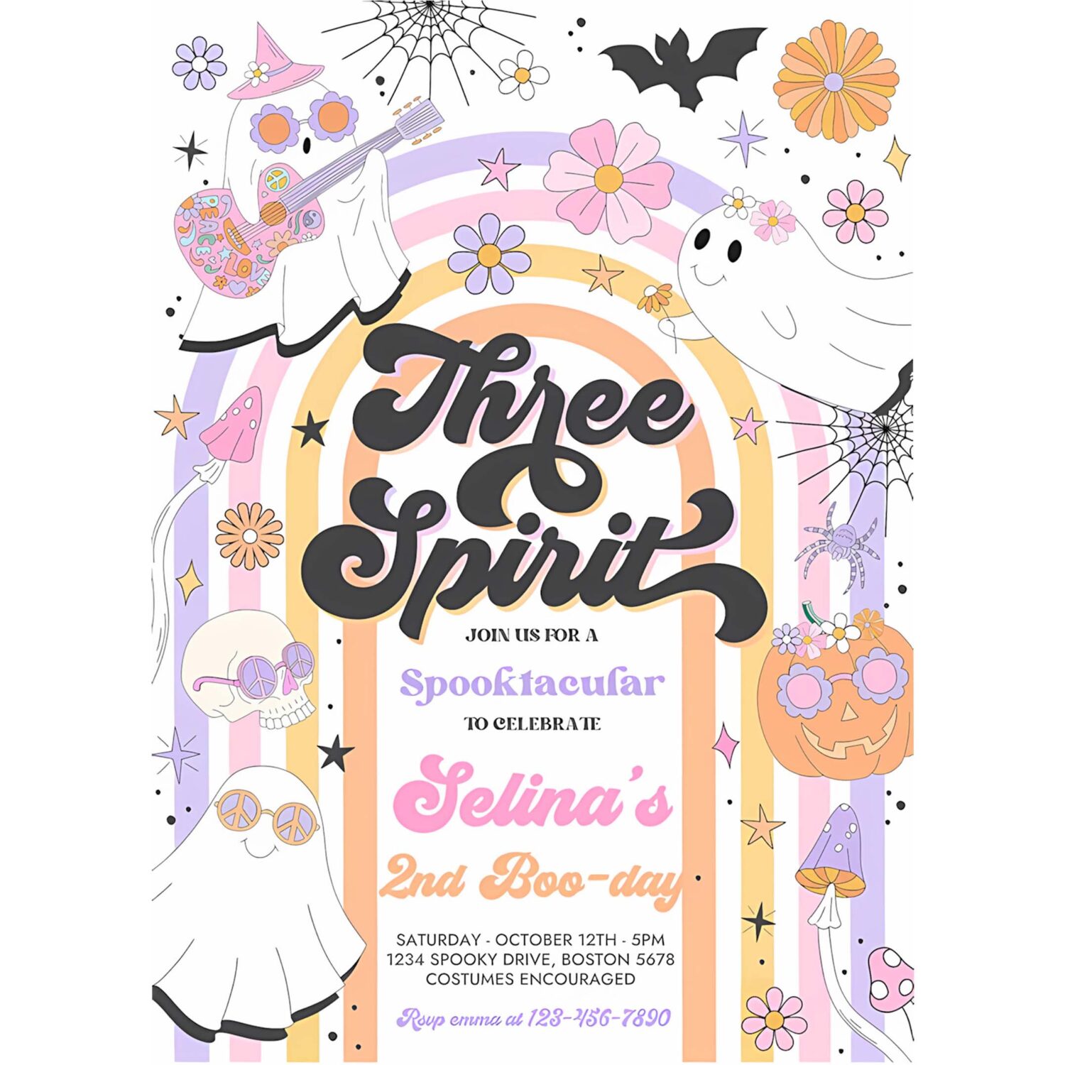 Editable three spirit halloween ghost 3rd birthday invitation retro groovy rainbow ghost birthday hippie halloween party instant download l3 4